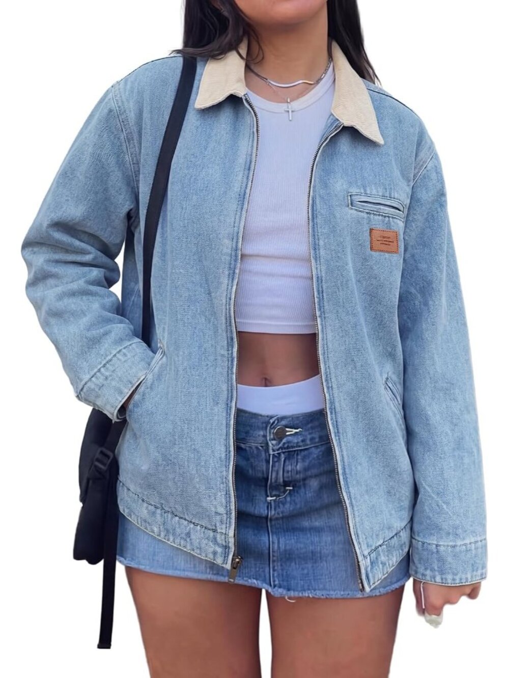 Women's Blue Barn Jean Cropped Zip Up Denim Jackets Contrast Collar and Pockets